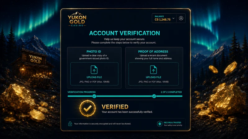 Canadian player uploading photo ID and proof of address during the Yukon Gold account verification step