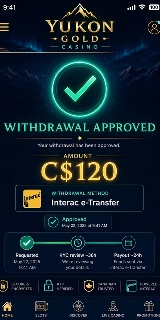 Vertical mobile screenshot of the Yukon Gold cashier showing a C$120 Interac e-Transfer withdrawal marked pending