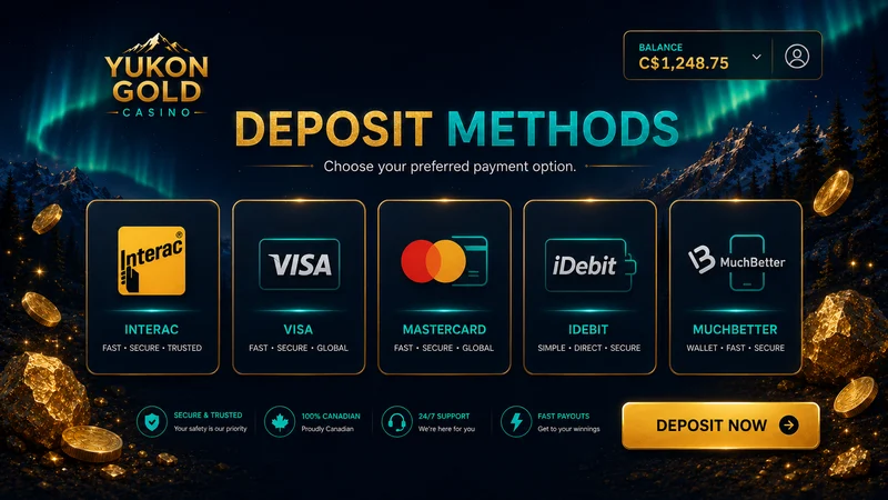Grid of Yukon Gold Casino deposit methods including Interac, Visa, Mastercard and e-wallets in Canadian dollars