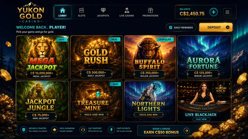 Yukon Gold Casino lobby grid of Microgaming slots and Evolution live dealer tables
