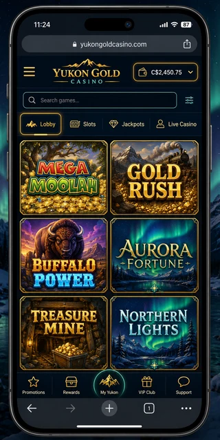 Yukon Gold Casino instant-play lobby running in a mobile phone browser in portrait mode